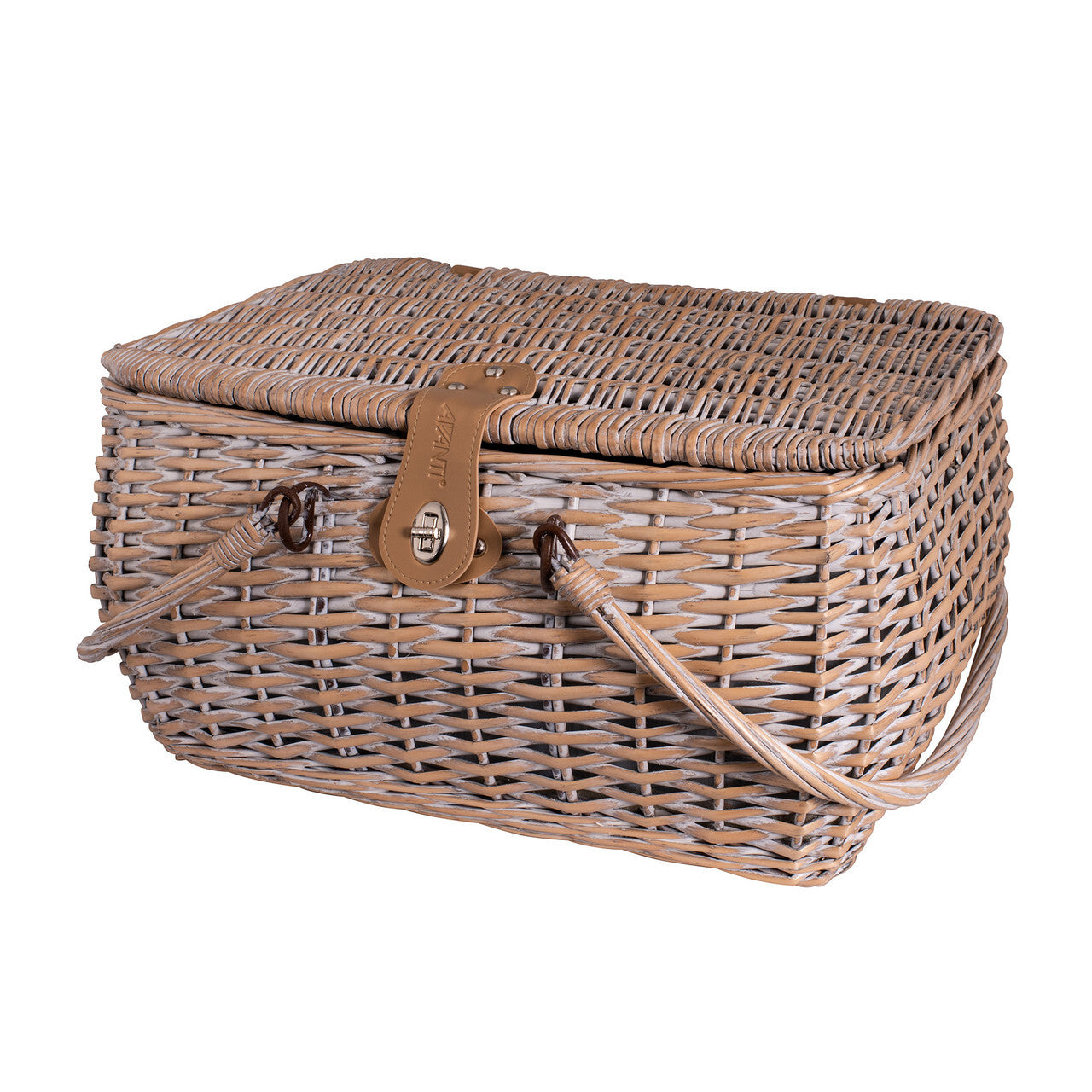4 Person Drop Handle Picnic Basket - Hampton Stripe Pattern Lining Comprises 4 x Knives, 4 x Forks, 4 x Spoons, 4 x Melamine Plates, 4 x Plastic Go