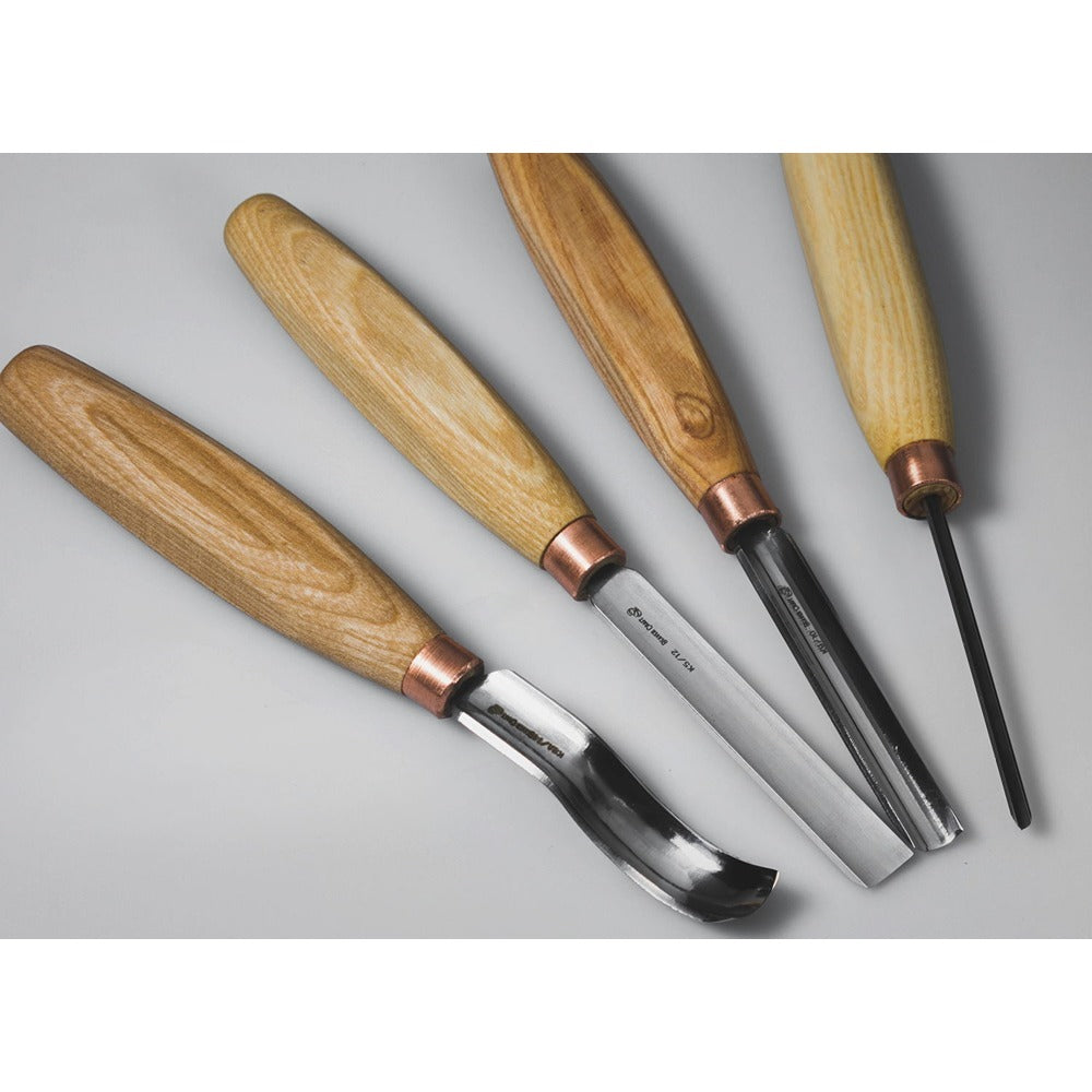 Beaver Craft SC01 Wood Carving Gouge Set - 4 Gouges, Strop, Polishing Compound