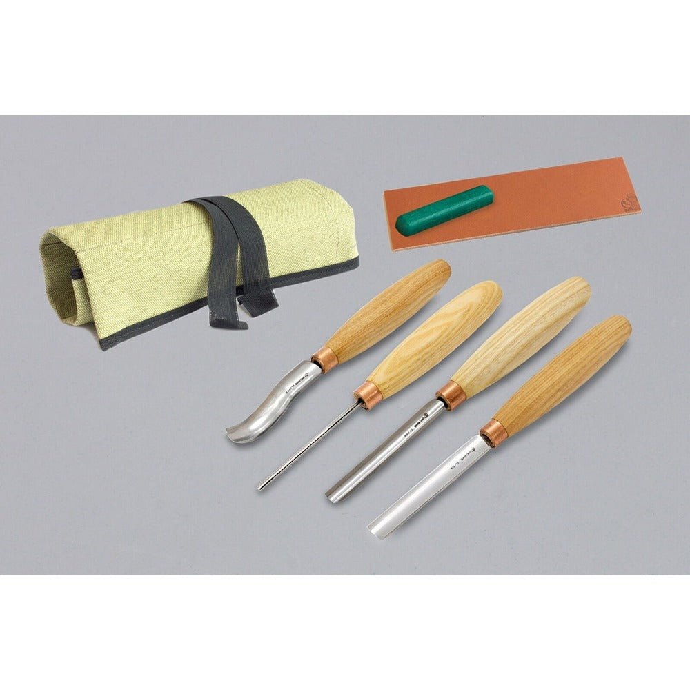 Beaver Craft SC01 Wood Carving Gouge Set - 4 Gouges, Strop, Polishing Compound
