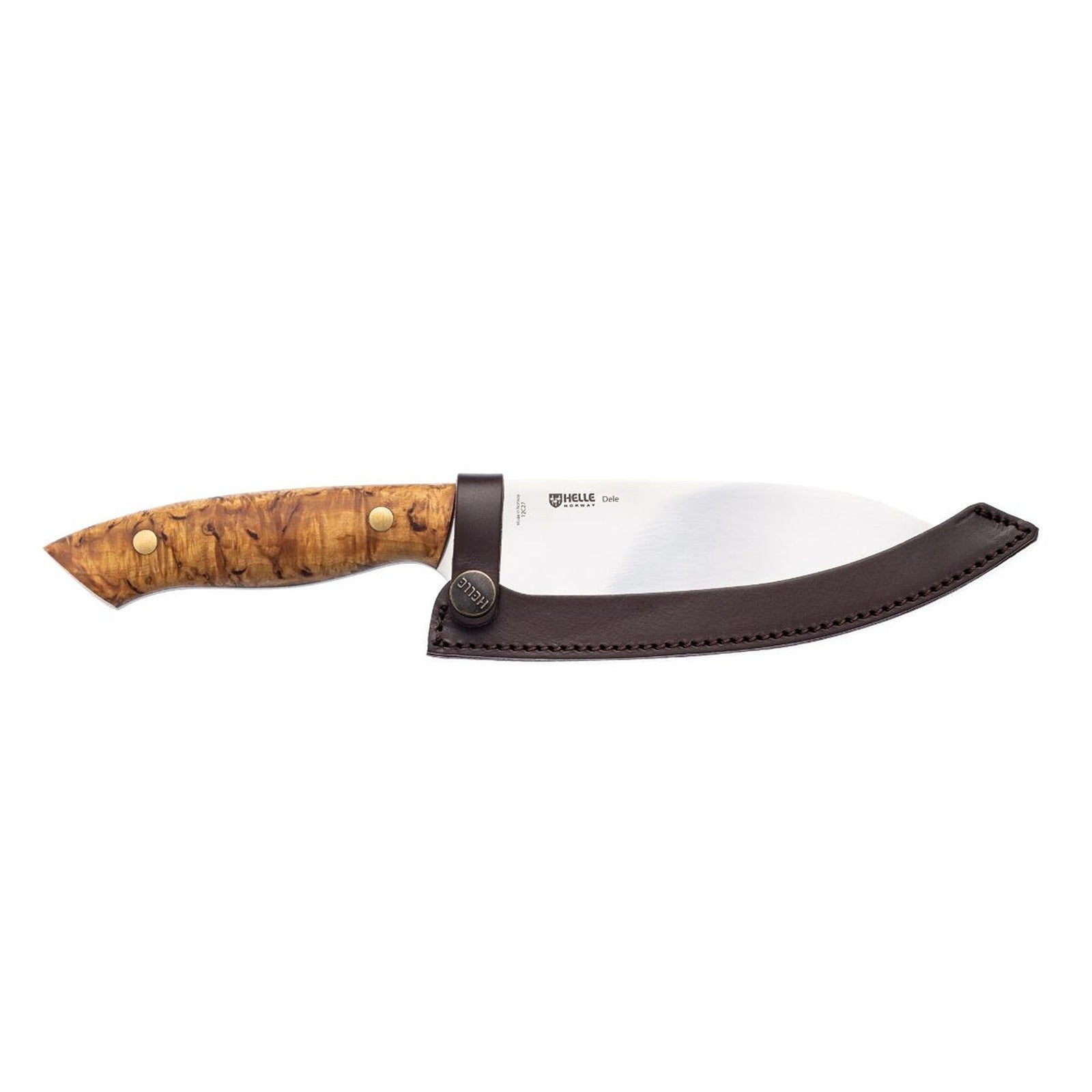 Dele 12C27 steel blade, curly birch handle, leather blade cover