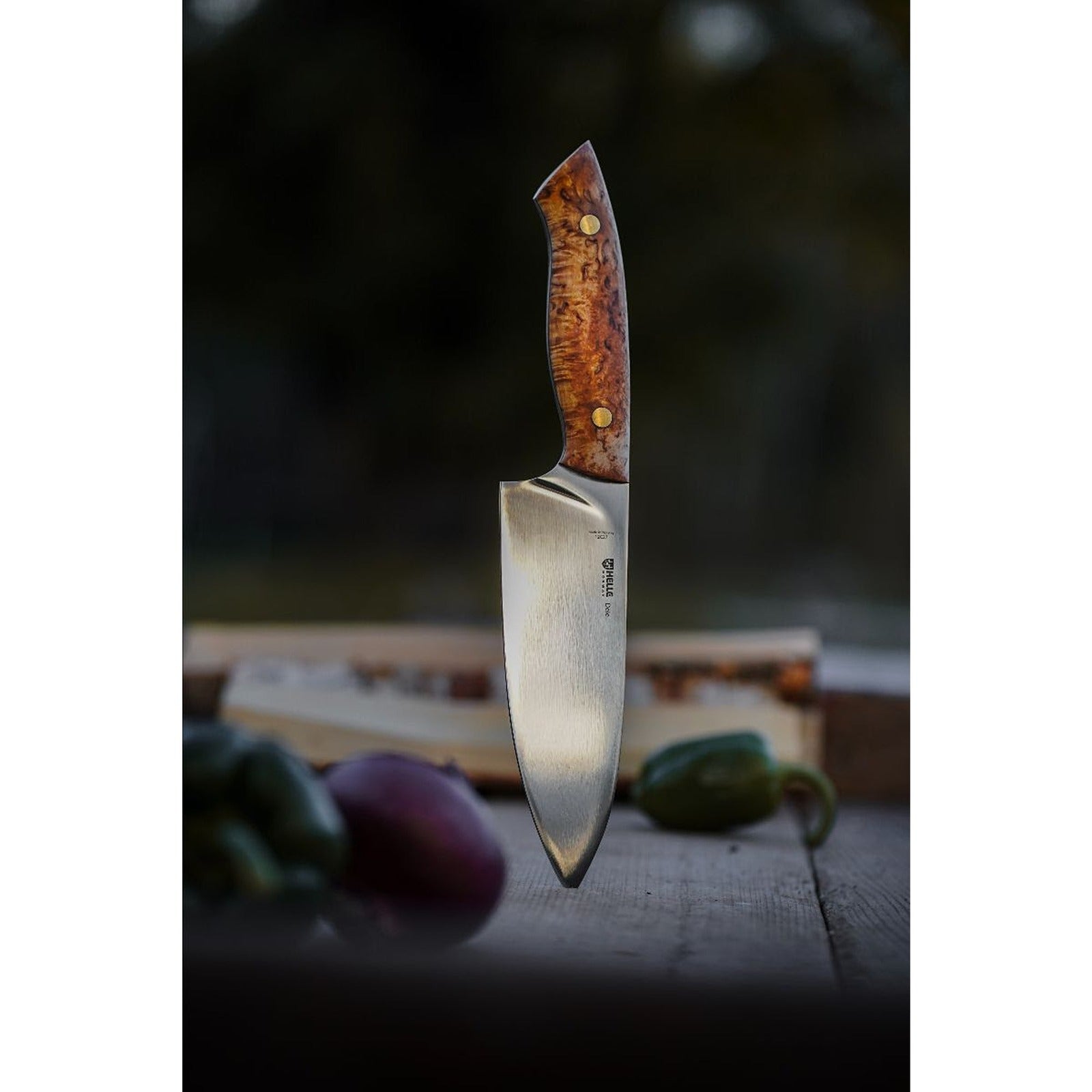 Dele 12C27 steel blade, curly birch handle, leather blade cover